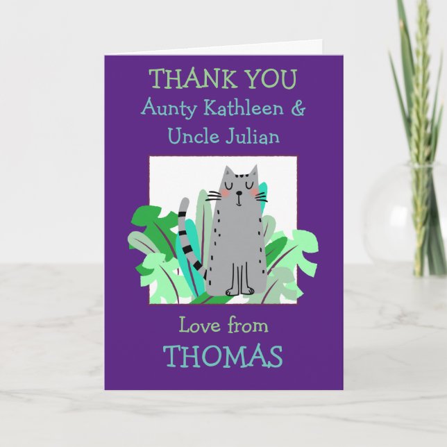 Aunty Uncle Names Cute Cat Leaf Kids Purple Thank You Card (Front)