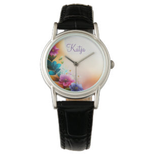 Auqarell Blumen auf Halbmond Watch