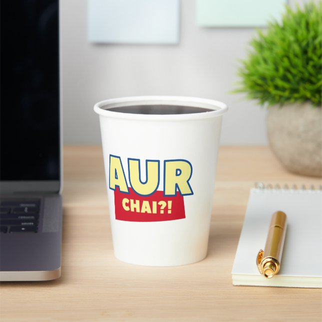Aur Chai Humour Party Cups, Funny Chai Tea Pun Paper Cups (Insitu)
