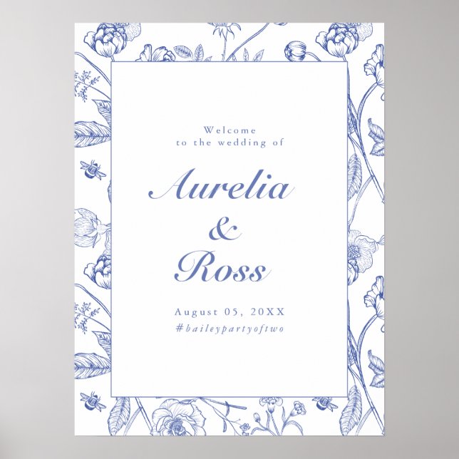 AURELIA Chinoiserie Blue Victorian Floral Wedding Poster (Front)