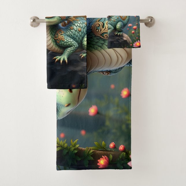Auren – Little Emerald Forest Dragon  Bath Towel Set (Insitu)