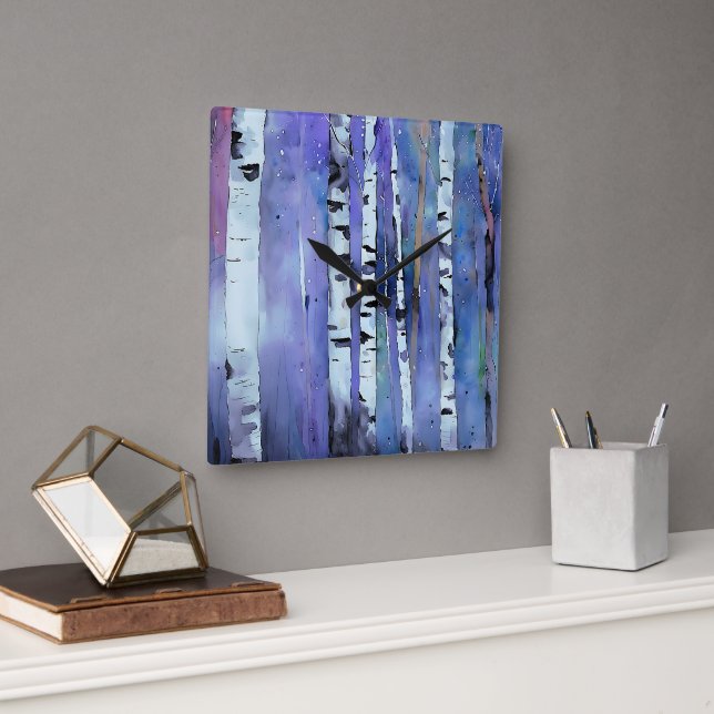 Aurora Among the Birch         Square Wall Clock (Office)