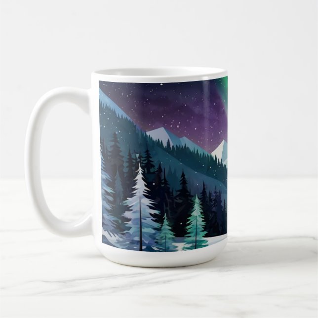 Aurora Borealis 2D Mug | Snowy Forest & Mountains (Left)