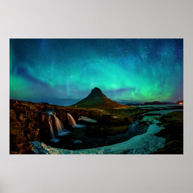 Aurora Borealis At Kirkjufell Mountain In Iceland Poster (Front)