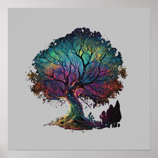 Aurora Borealis Illuminated Tree Illustration T-Sh Poster (Front)