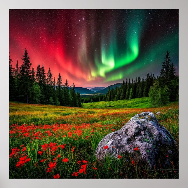 Aurora Borealis Illuminating a Scenic Meadow Poster (Front)