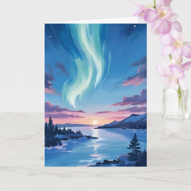 Aurora Borealis Lake Dreamy Night Landscape Card (Orchid)