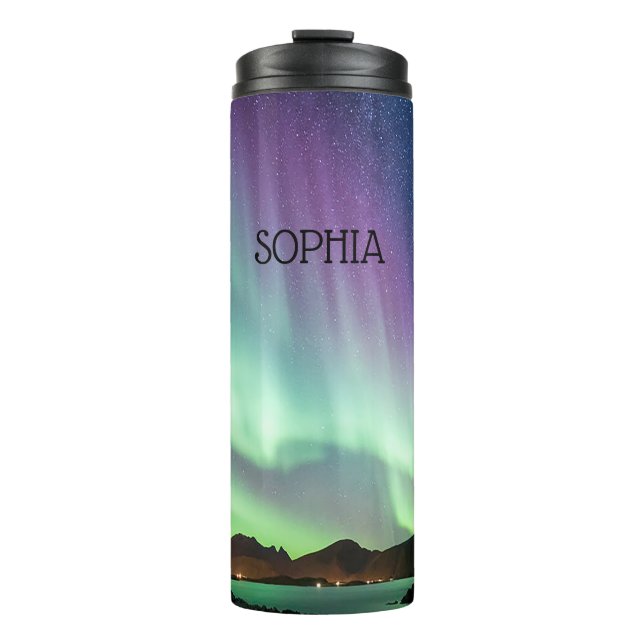 Aurora borealis lights personalised with your name thermal tumbler (Front)