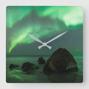 Aurora Borealis Lofoten Beach Norway Square Wall Clock