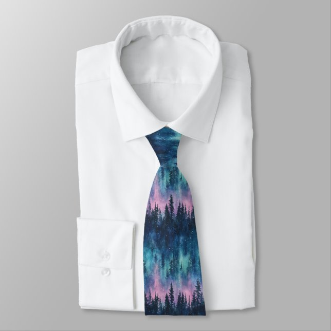 Aurora Borealis Night Sky Pine Forest Glow Tie (Tied)