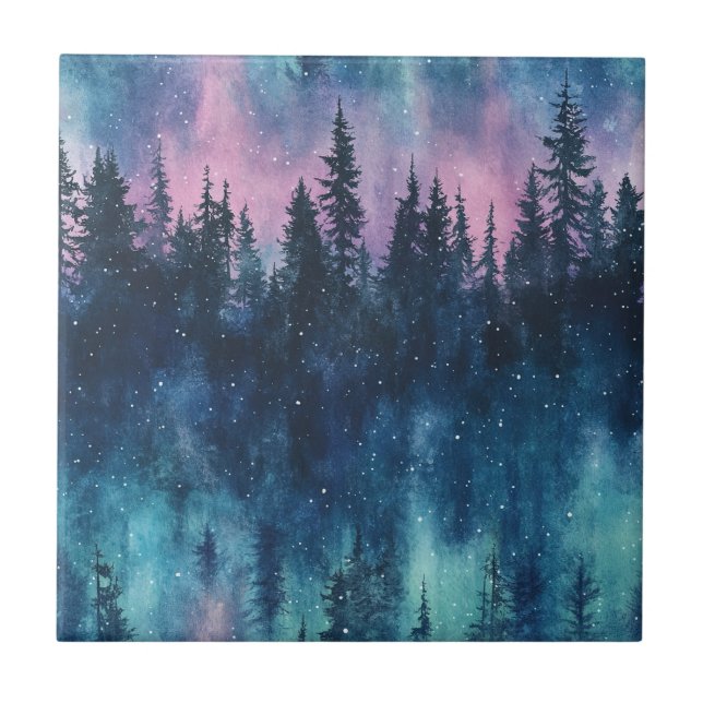 Aurora Borealis Night Sky Pine Forest Glow Tile (Front)