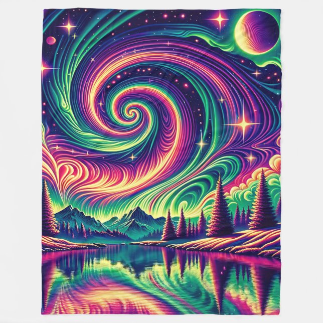 “Aurora Borealis Over Reflective Lake” Fleece Blanket (Front)
