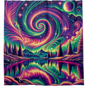 “Aurora Borealis Over Reflective Lake” Shower Curtain
