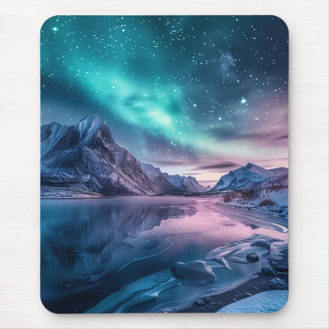Aurora Borealis Over Snowy Mountain Landscape Mouse Pad (Front)