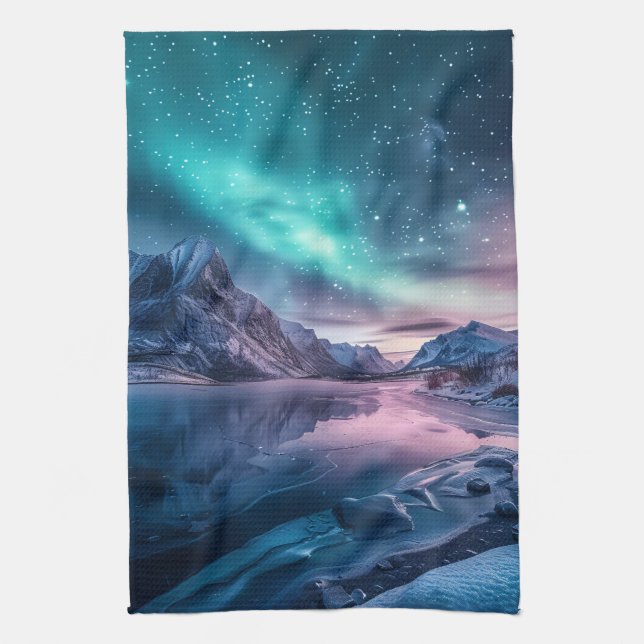 Aurora Borealis Over Snowy Mountain Landscape Tea Towel (Vertical)