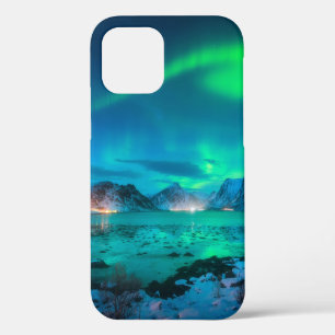 Aurora borealis over the sea coast, snowy mountain iPhone 12 case