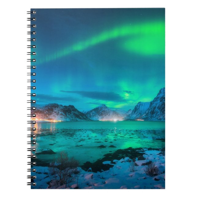 Aurora borealis over the sea coast, snowy mountain notebook (Front)