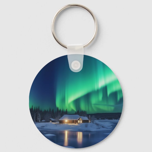 Aurora borealis over winter cabin key ring (Front)
