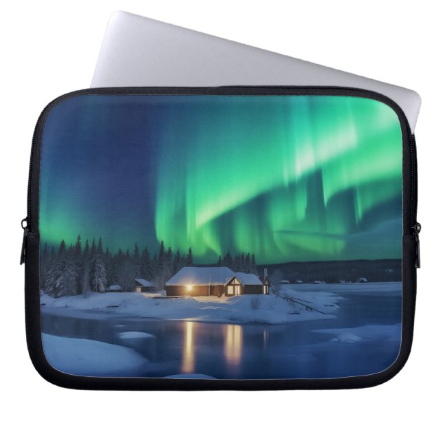 Aurora borealis over winter cabin laptop sleeve (Front)