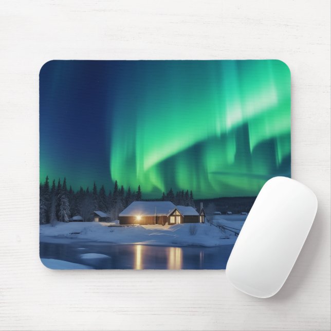 Aurora borealis over winter cabin mouse pad (With Mouse)