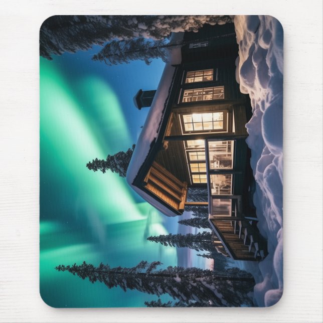 Aurora borealis over winter cabin mouse pad (Front)