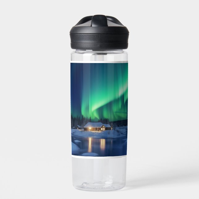 Aurora borealis over winter cabin water bottle (Front)