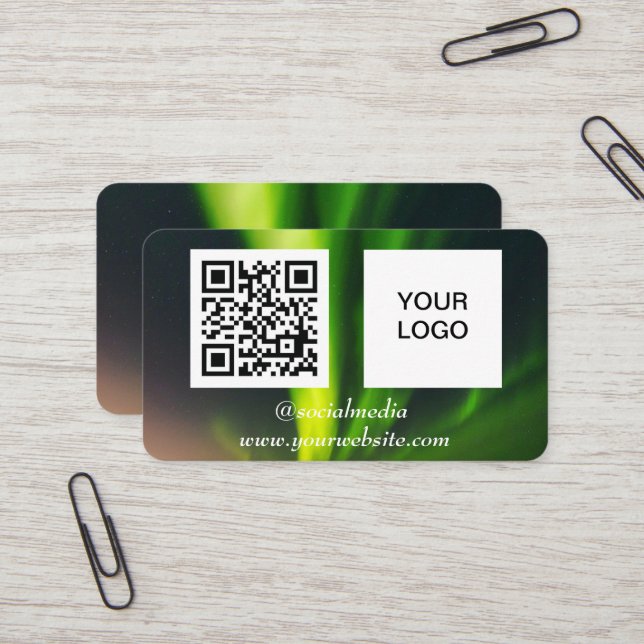 Aurora Borealis Social media QR Code Green  Business Card (Front/Back In Situ)