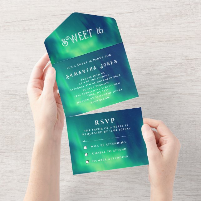 Aurora Borealis Sweet 16 Pretty Northern Lights All In One Invitation (Tearaway)
