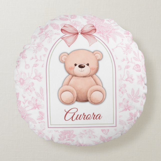 Aurora | Custom Pink Teddy Bear Nursery Design  Round Cushion (Front)