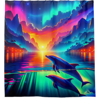 “Aurora Dolphin Sunset - Vibrant Ocean Art” Shower Curtain