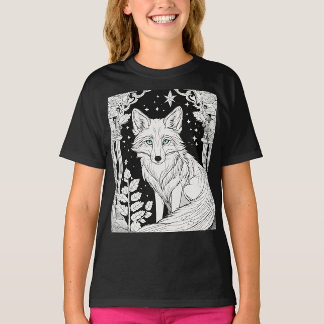 Aurora Fox Kids Colouring Tee - Black & White Cart (Front)