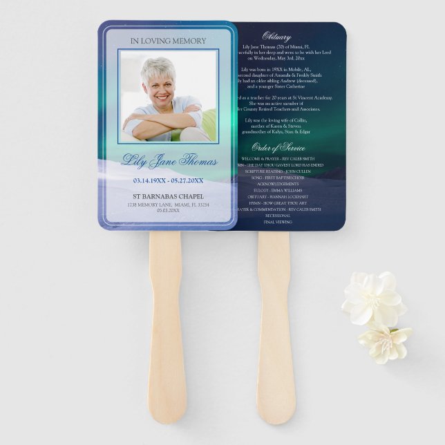 Aurora Funeral Program Memorial Ceremony Hand Fan (Front and Back)
