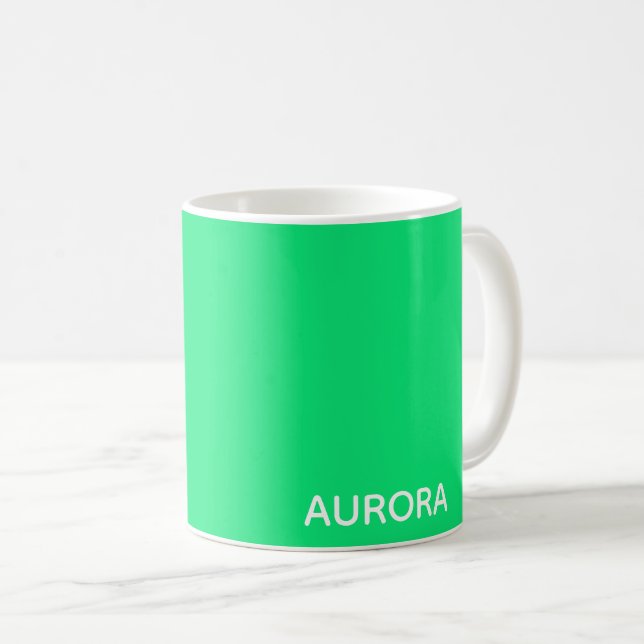 Aurora green colour name coffee mug (Front Right)