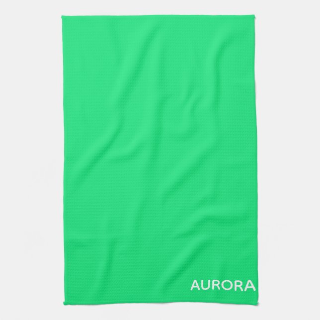 Aurora green colour name tea towel (Vertical)