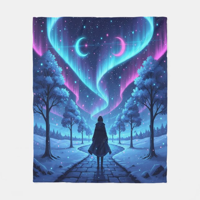 Aurora Heart Silhouette Tree Romantic Night Sky Fleece Blanket (Front)