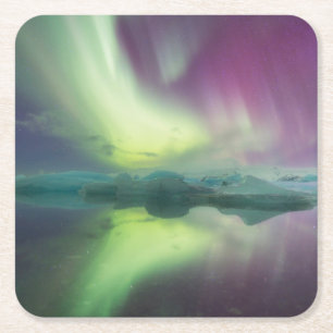Aurora Lights in Lagoon Jokulsarlon, Iceland Square Paper Coaster