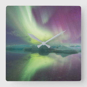 Aurora Lights in Lagoon Jokulsarlon, Iceland Square Wall Clock