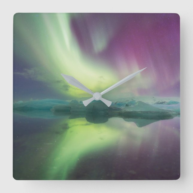 Aurora Lights in Lagoon | Jokulsarlon, Iceland Square Wall Clock (Front)