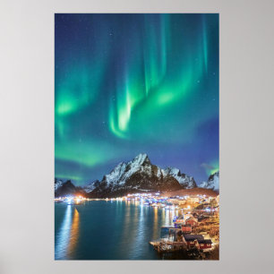 Aurora night on the bridge to Reine on Lofoten Poster