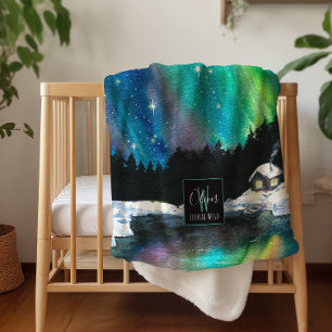 Aurora Northern Lights Winter Cabin   Monogram Sherpa Blanket