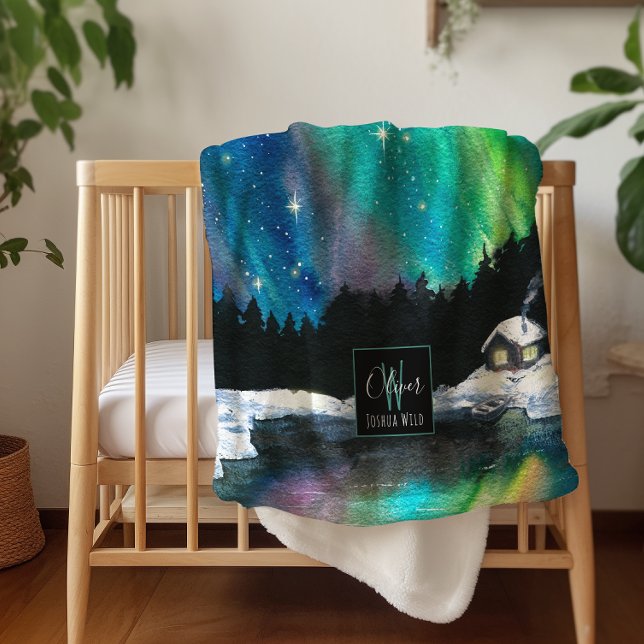 Aurora Northern Lights Winter Cabin | Monogram Sherpa Blanket (Creator Uploaded)