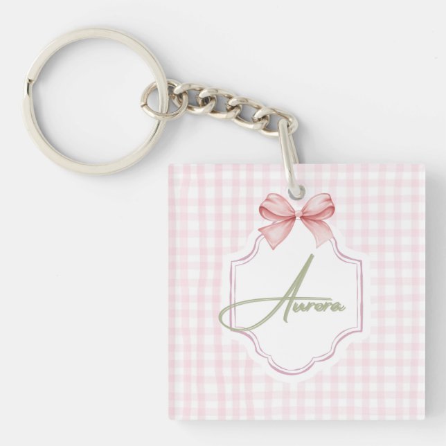 Aurora Personalized Pink Bow & Gingham Print  Key Ring (Front)