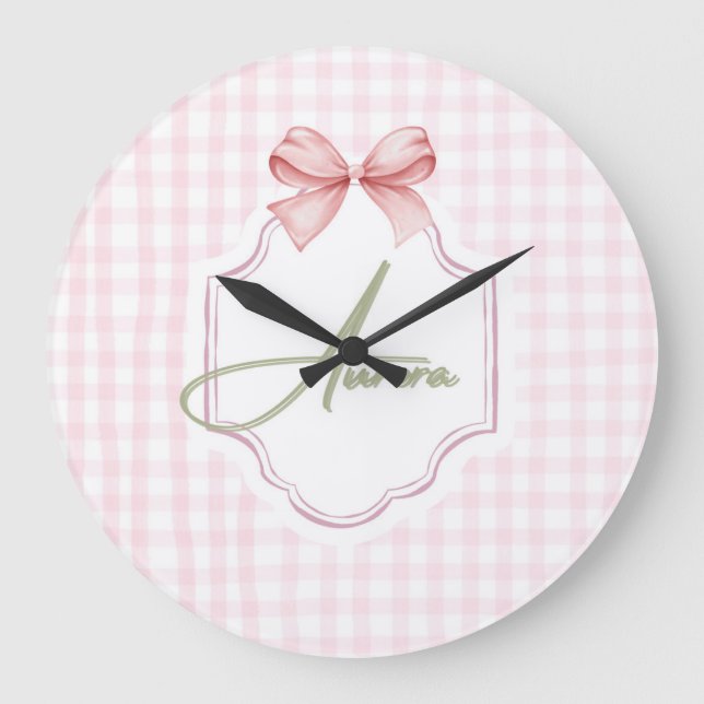 Aurora Personalized Pink Bow & Gingham Print  Large Clock (Front)