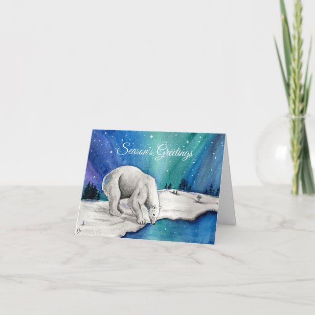 Aurora Polar Bear Folded Holiday Card (Front)
