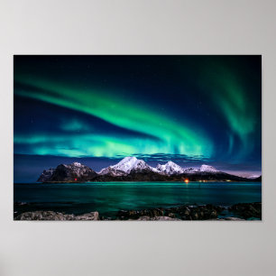 Aurora Sky Lights Snow Mountain Lake Poster