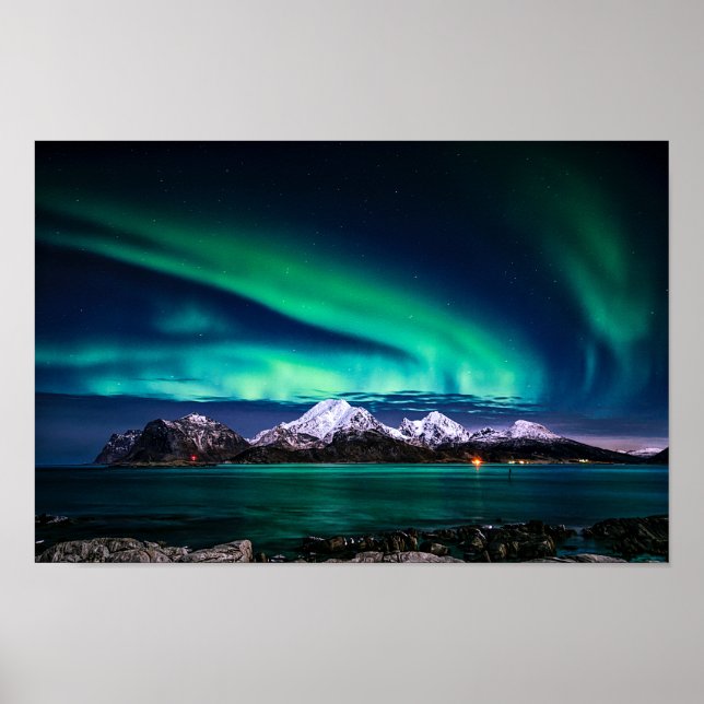 Aurora Sky Lights Snow Mountain Lake Poster (Front)