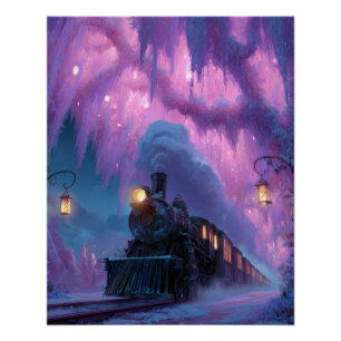 Aurora Train Tunnel Purple Fantasy Art Poster