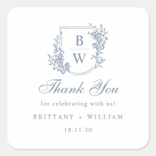 [AURORA] Vintage Dusty Blue Crest Monogram Wedding Square Sticker