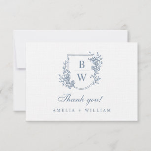 [AURORA] Vintage Dusty Blue Crest Monogram Wedding Thank You Card