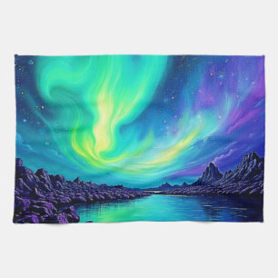 Aurora's Magical Night Sky Dance Design Tea Towel